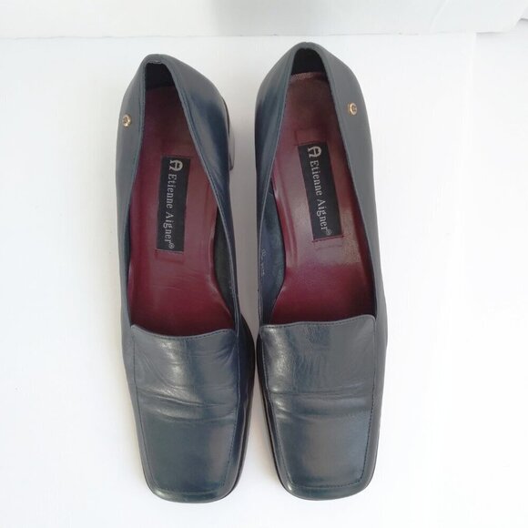 Stylish 90's Navy Leather 'Status' Slip On Square Toe Block Heel Shoes Sz 8.5 - Picture 6 of 10